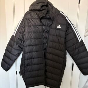 Adidas Woman’s Black Hooded Puffer Coat with Signature Stripes